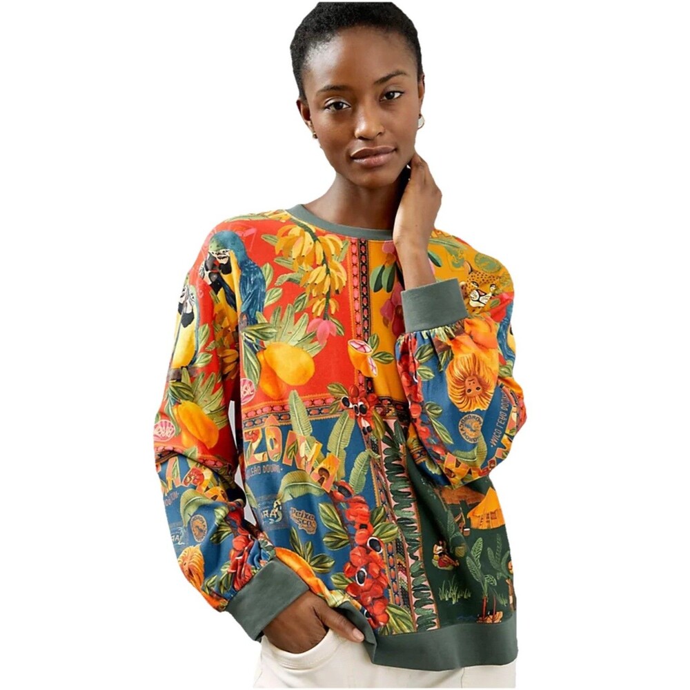 Anthropologie Farm Rio Bosque Pullover L Animal Tropical Birds Euc